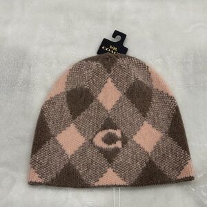 Coach Plaid Beanie in Pink and Brown